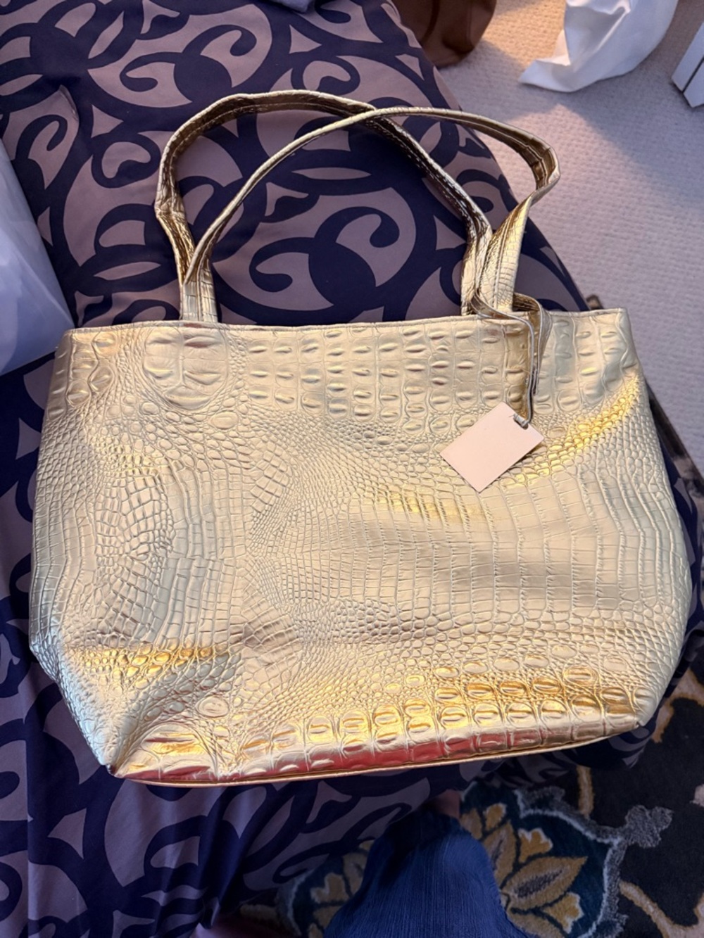 Metallic Gold Croc-Embossed Tote Bag - Women’s Everyday Shoulder Tote